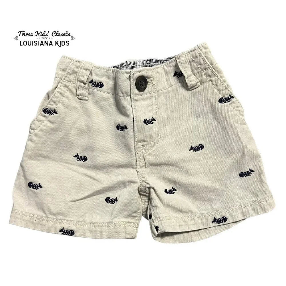 Children's Place 6-9m Khaki Embroidered Fish Bones Shorts